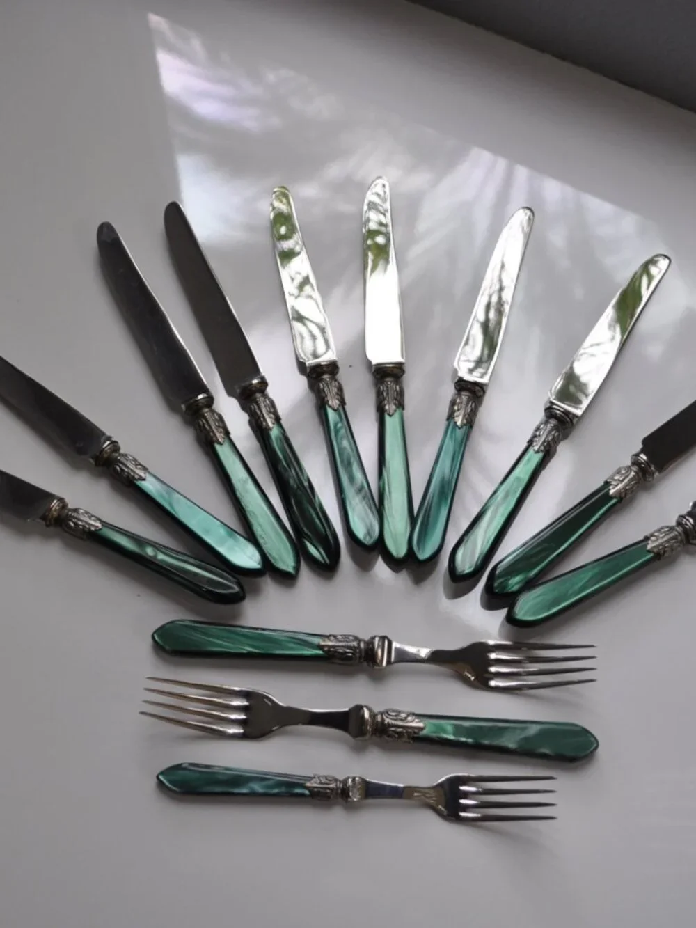 Jean Couzon France Galaxy Green Flatware – 13 Pieces – Rare Discontinued